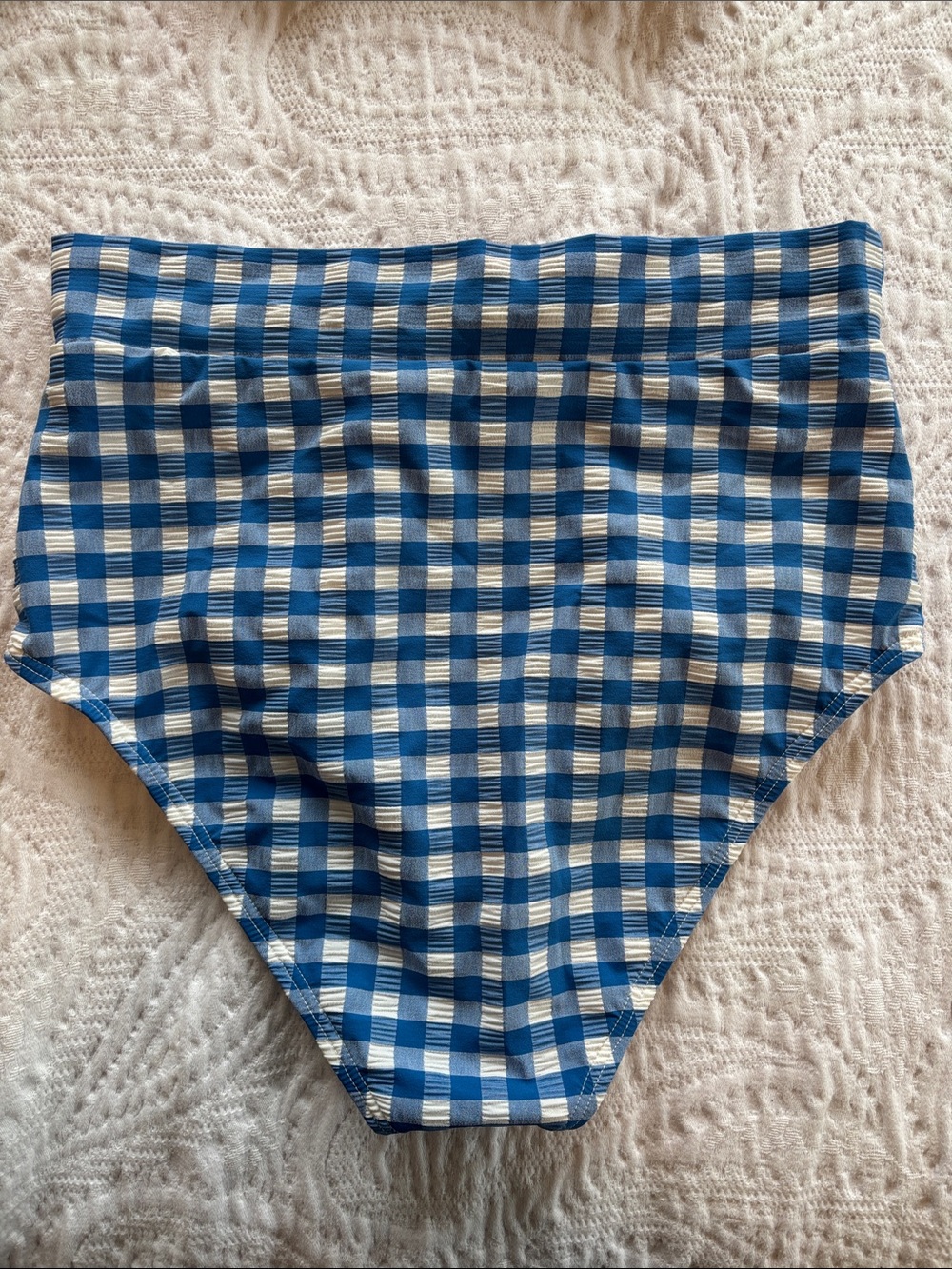 Gianni Bini Blue and White Gingham High Rise Puff Sleeve Bikini Swimsuit Size M - Picture 4 of 12